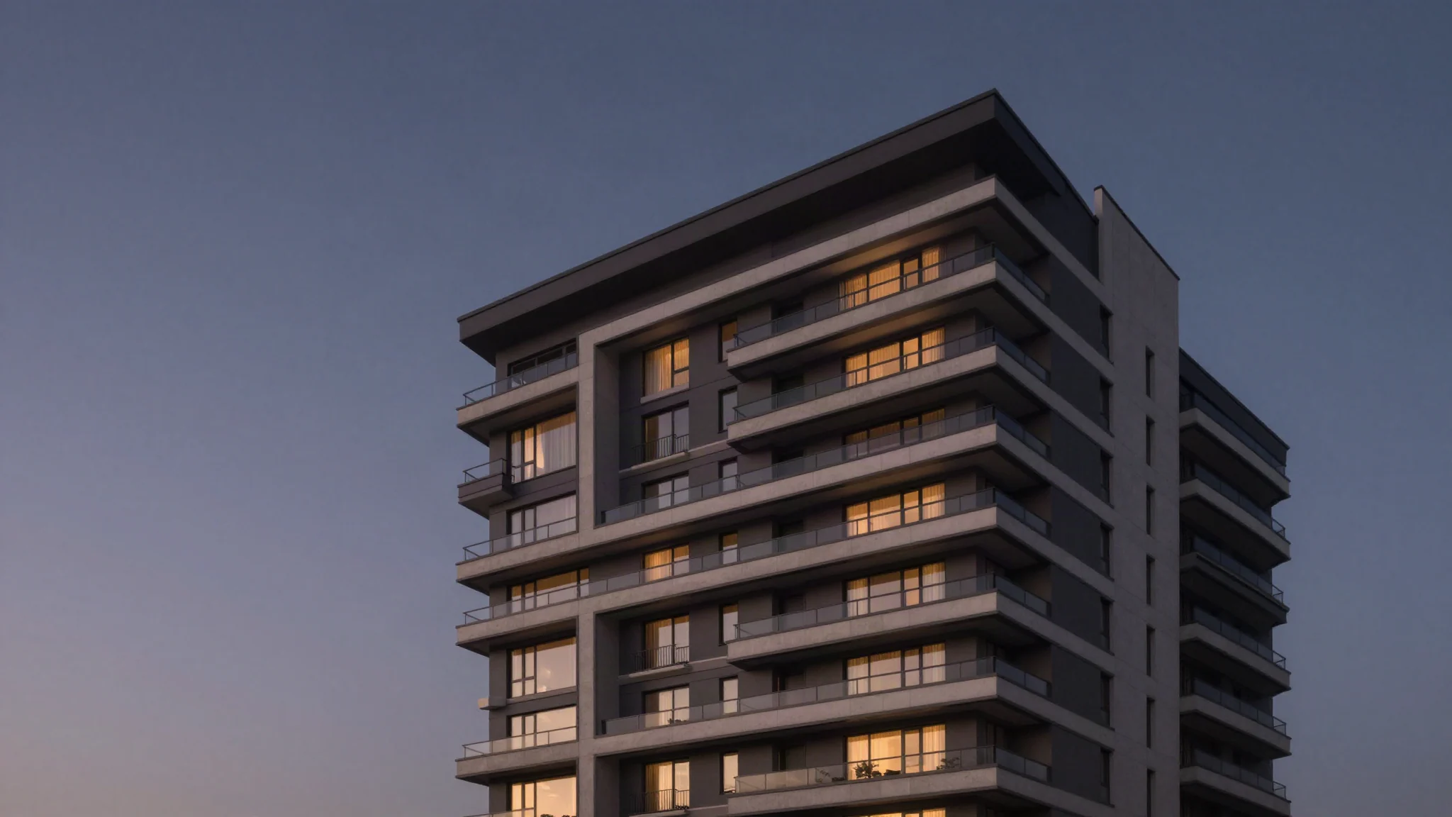 A modern apartment building at dusk, its windows lit against a deep slate sky
