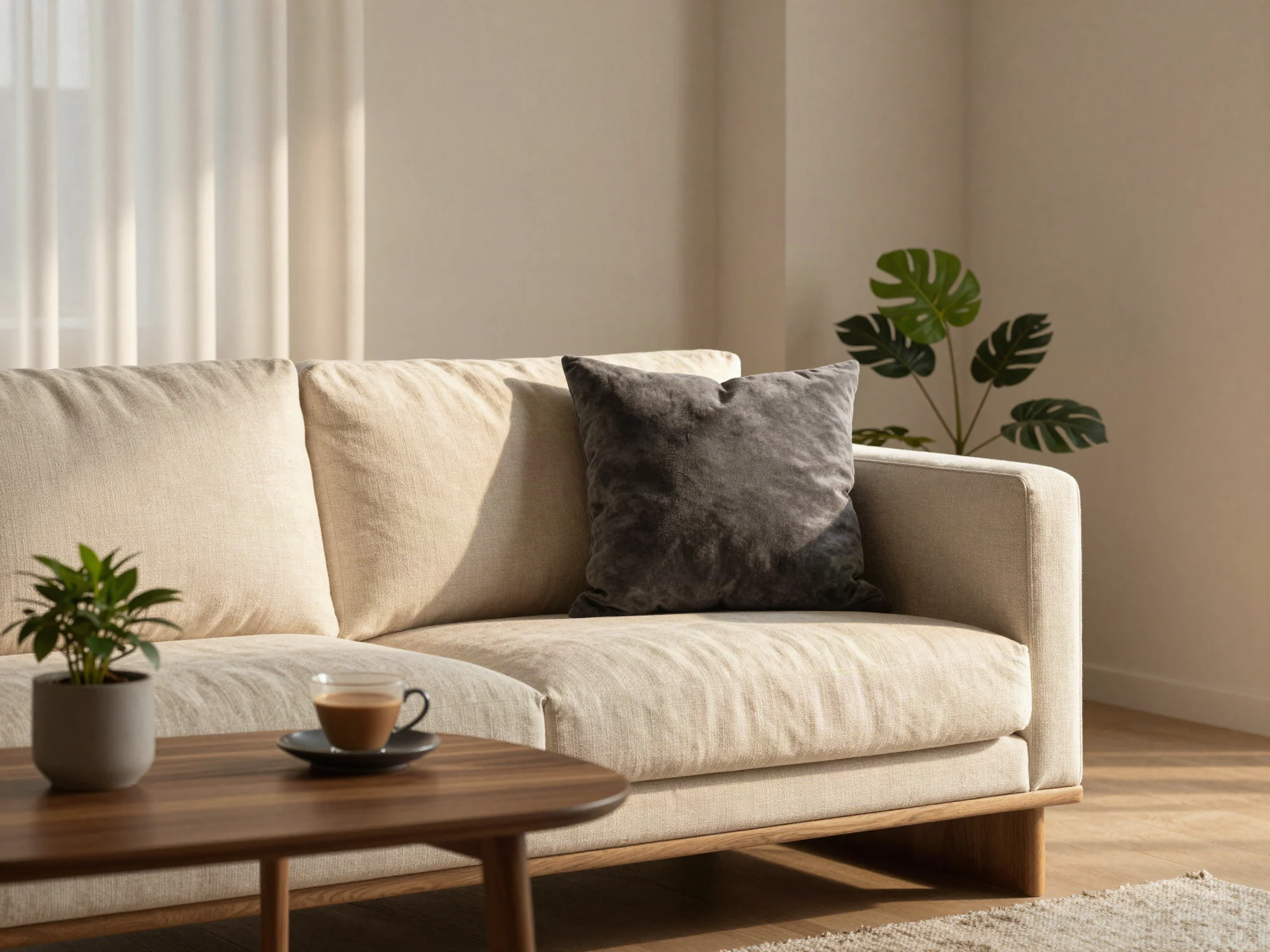 A calm, sunlit living room: an ivory sofa, a wooden table and a cup of tea