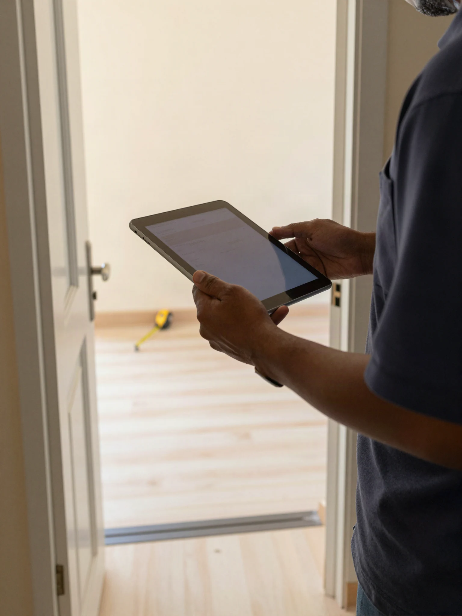A property inspector at a flat's doorway, holding a tablet